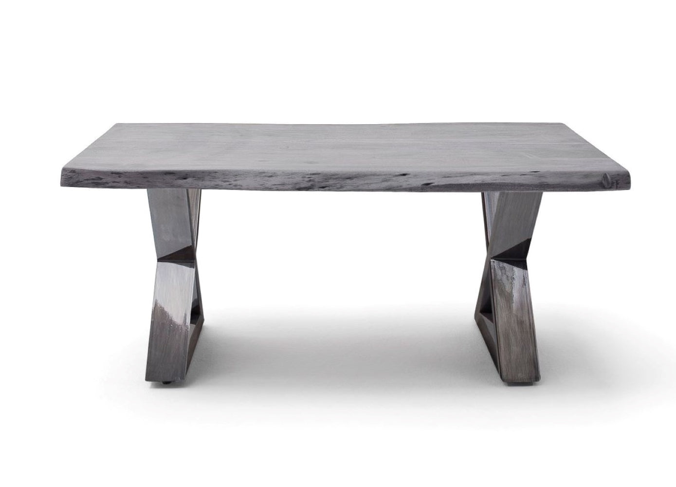 Couchtisch Baumkantentisch Akazie-massiv X-Form rechteckig grau lackiert 110 cm