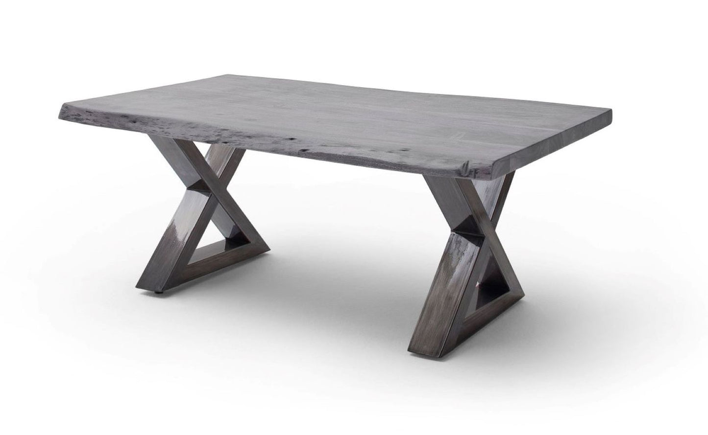 Couchtisch Baumkantentisch Akazie-massiv X-Form rechteckig grau lackiert 110 cm