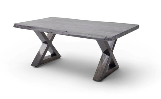 Couchtisch Baumkantentisch Akazie-massiv X-Form rechteckig grau lackiert 110 cm
