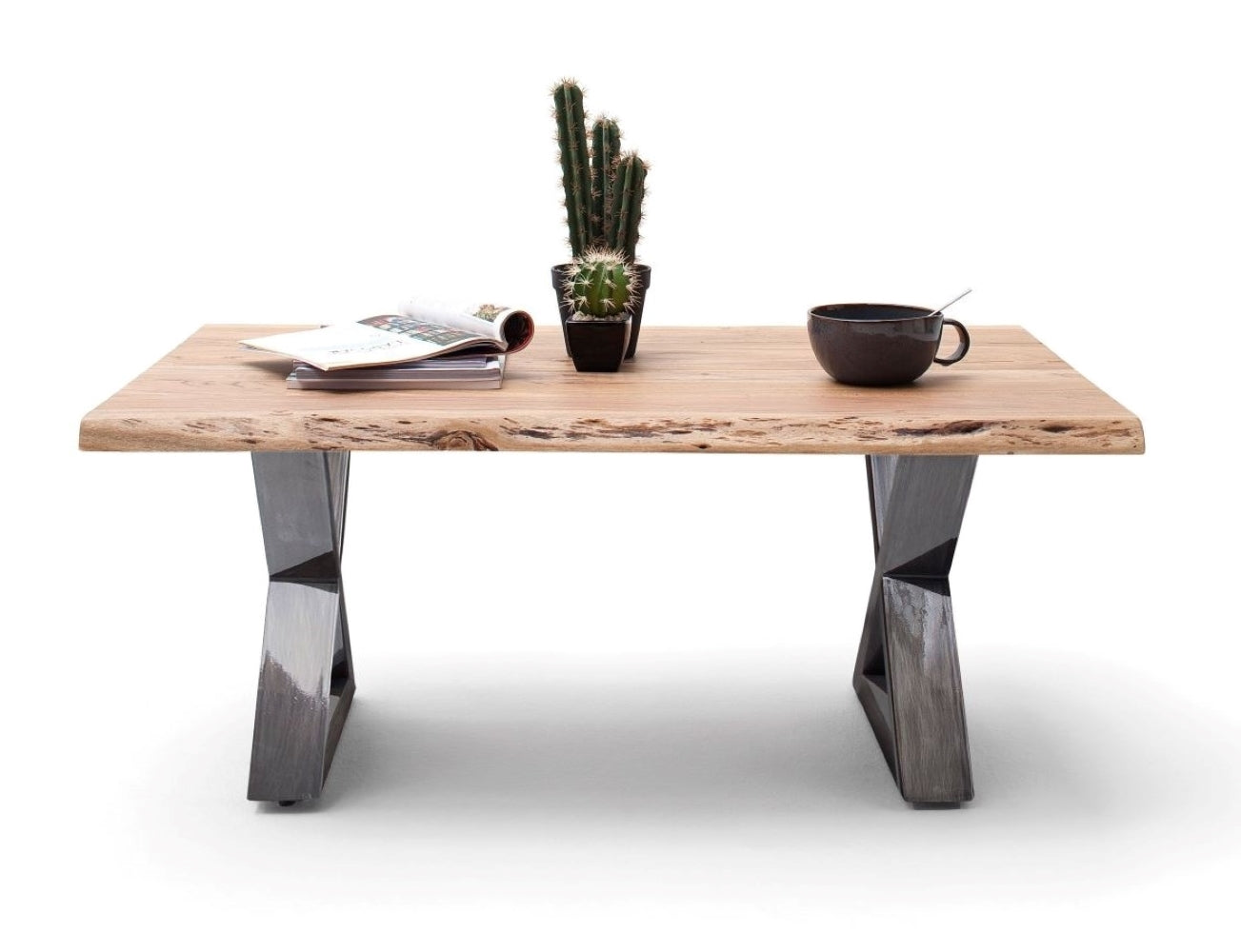 Couchtisch Baumkantentisch Akazie-massiv X-Form rechteckig natur lackiert 110 cm