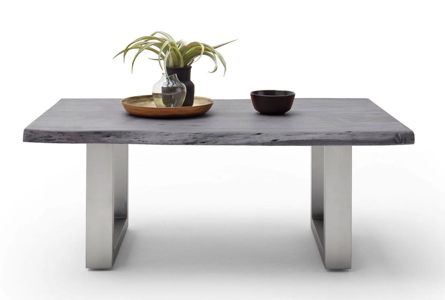 Couchtisch Baumkantentisch Akazie-massiv U-Form rechteckig grau lackiert 110 cm