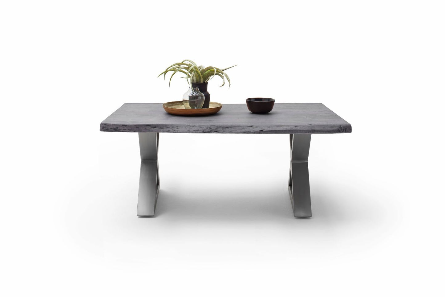 Couchtisch Baumkantentisch Akazie-massiv X-Form rechteckig grau lackiert 110 cm
