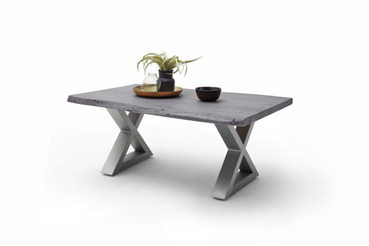 Couchtisch Baumkantentisch Akazie-massiv X-Form rechteckig grau lackiert 110 cm