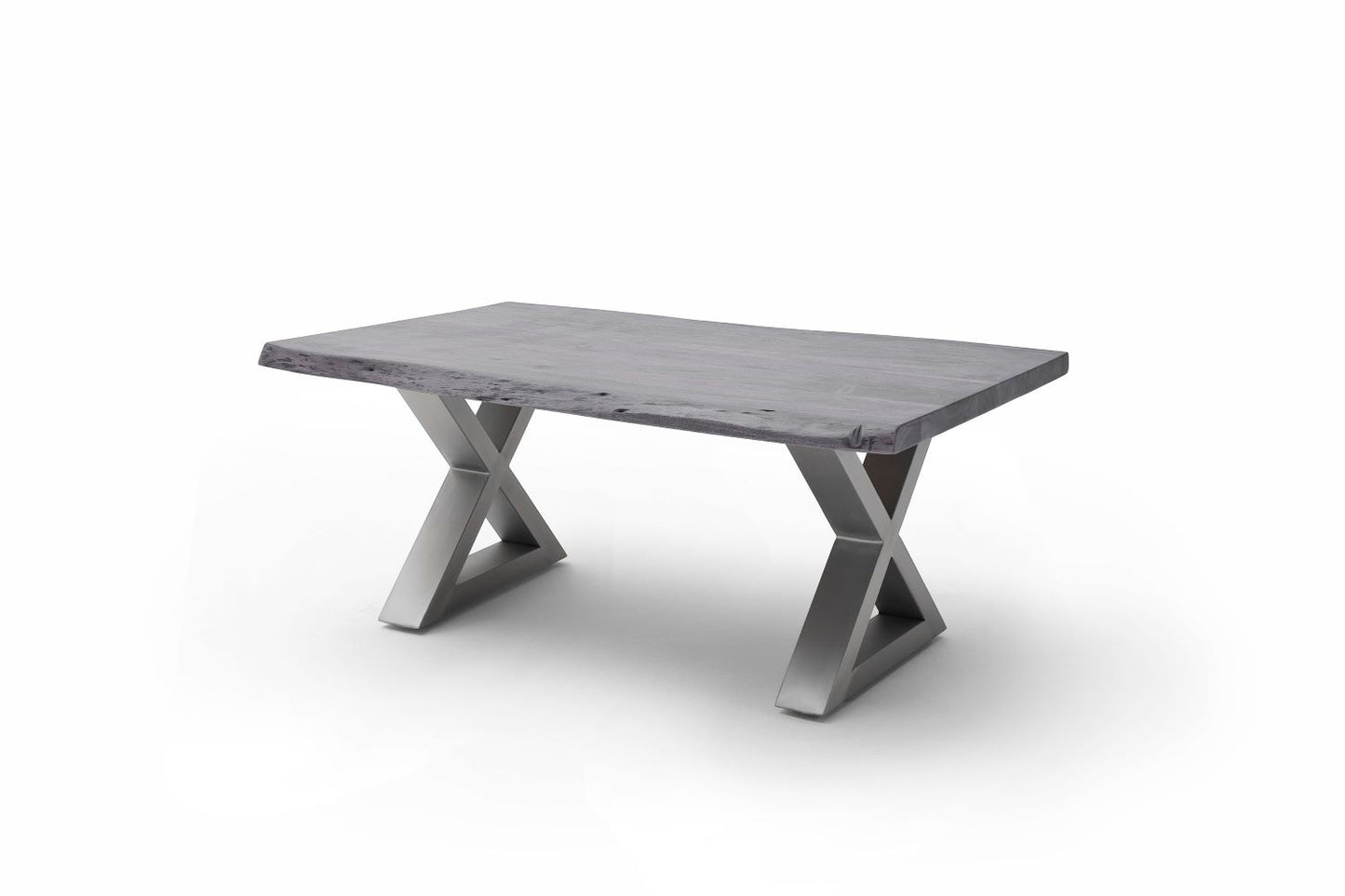 Couchtisch Baumkantentisch Akazie-massiv X-Form rechteckig grau lackiert 110 cm