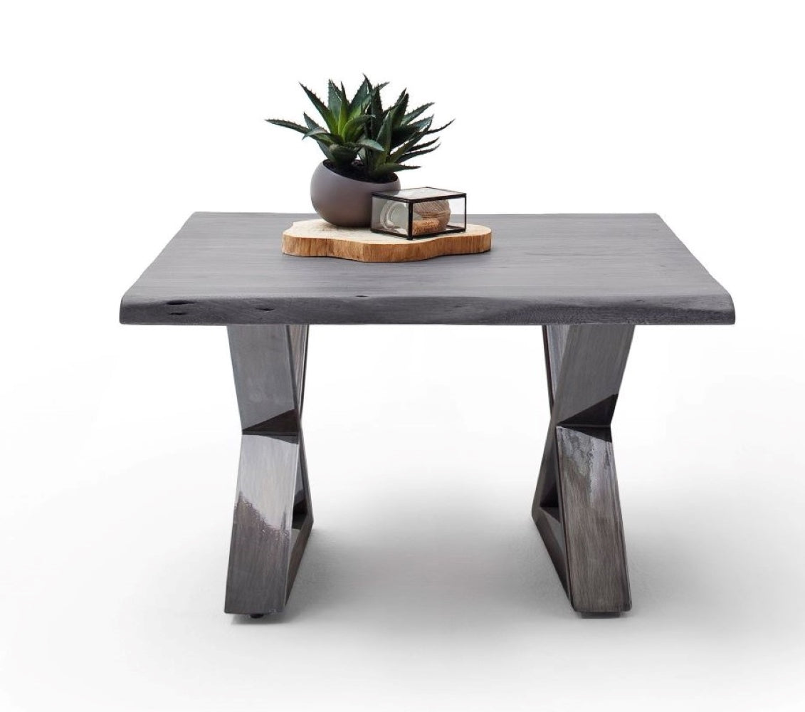 Couchtisch Baumkantentisch Akazie-massiv X-Form quadratisch grau lackiert 75 cm