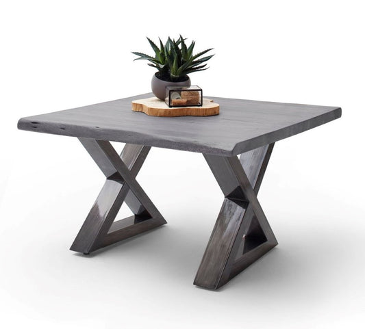 Couchtisch Baumkantentisch Akazie-massiv X-Form quadratisch grau lackiert 75 cm