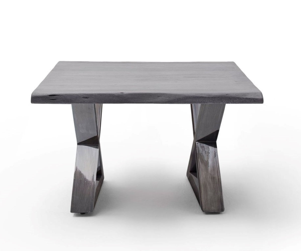 Couchtisch Baumkantentisch Akazie-massiv X-Form quadratisch grau lackiert 75 cm