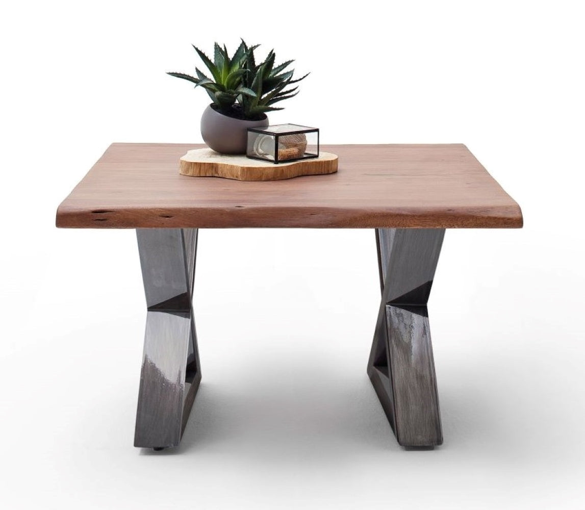 Couchtisch Baumkantentisch Akazie-massiv X-Form quadratisch walnuss lackiert 75 cm