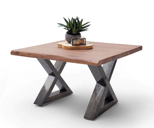 Couchtisch Baumkantentisch Akazie-massiv X-Form quadratisch walnuss lackiert 75 cm