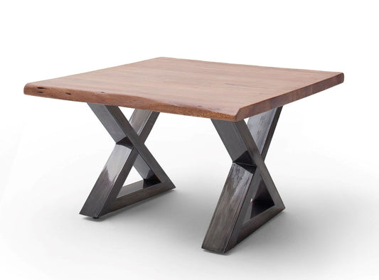 Couchtisch Baumkantentisch Akazie-massiv X-Form quadratisch walnuss lackiert 75 cm