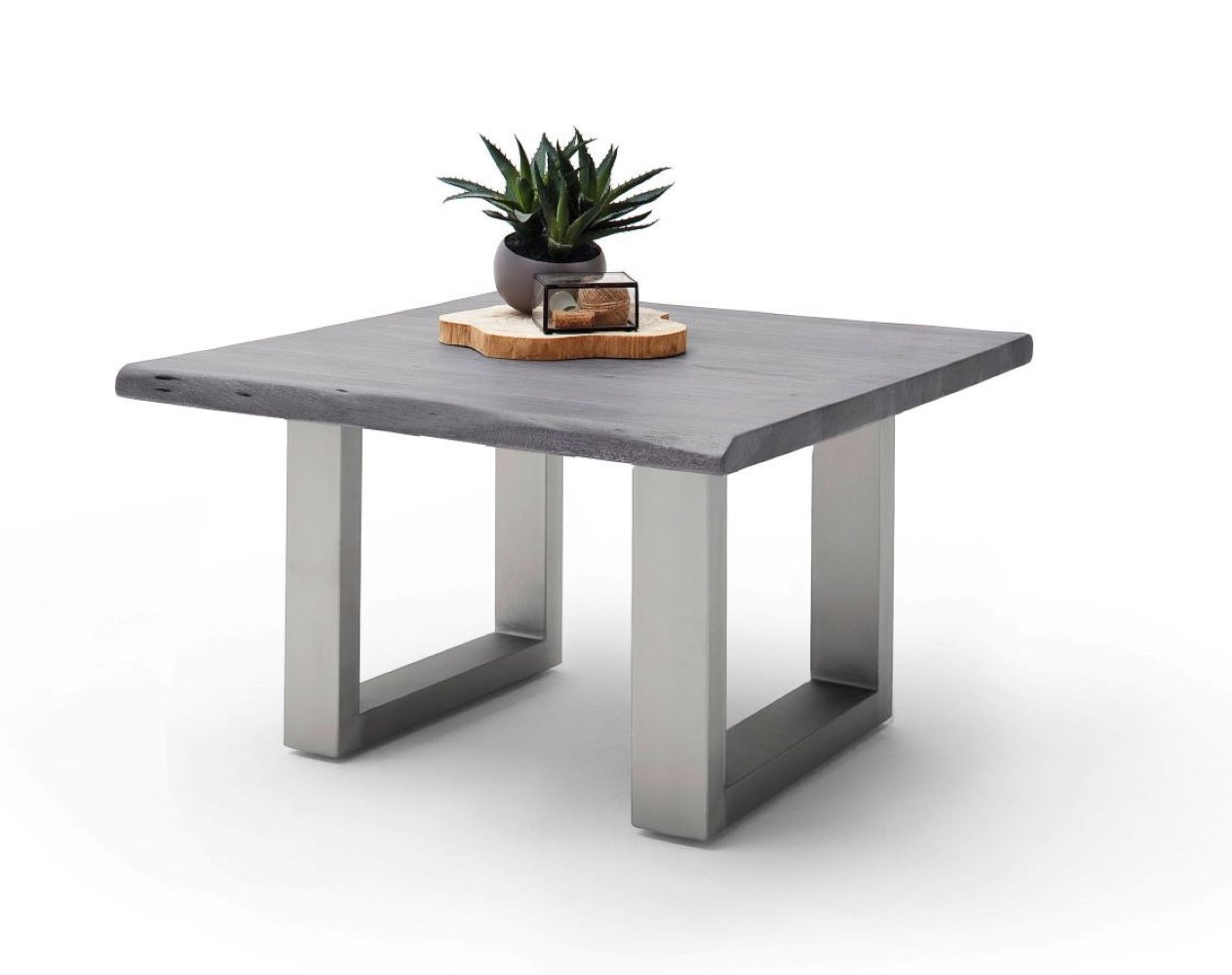 Couchtisch Baumkantentisch Akazie-massiv U-Form quadratisch grau lackiert 75 cm