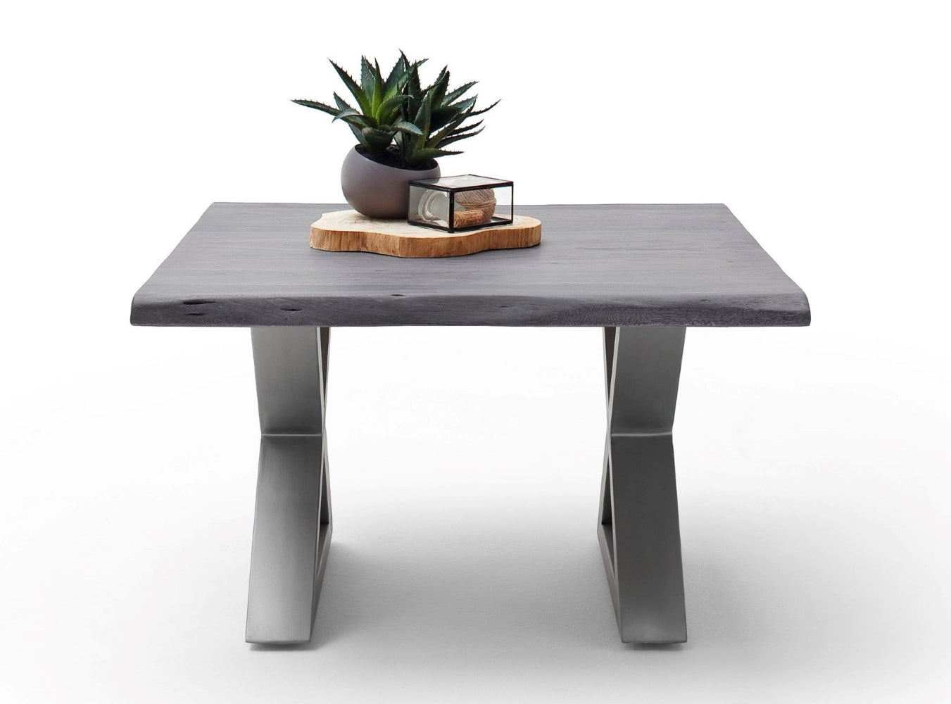 Couchtisch Baumkantentisch Akazie-massiv X-Form quadratisch grau lackiert 75 cm