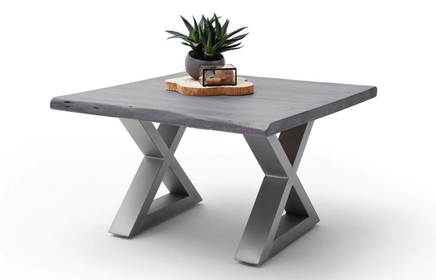 Couchtisch Baumkantentisch Akazie-massiv X-Form quadratisch grau lackiert 75 cm