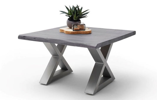 Couchtisch Baumkantentisch Akazie-massiv X-Form quadratisch grau lackiert 75 cm