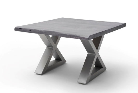 Couchtisch Baumkantentisch Akazie-massiv X-Form quadratisch grau lackiert 75 cm