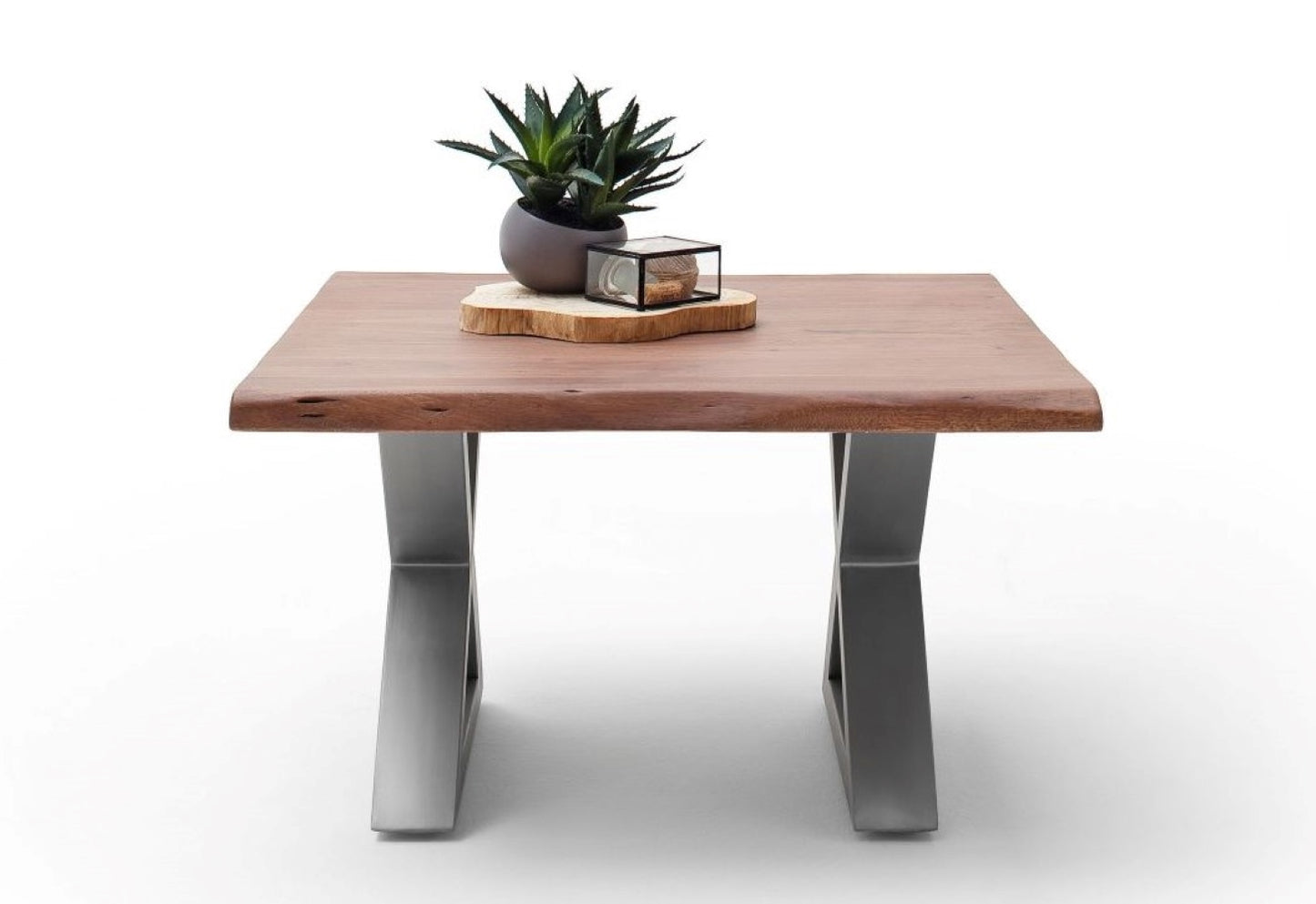 Couchtisch Baumkantentisch Akazie-massiv X-Form quadratisch walnuss lackiert 75 cm