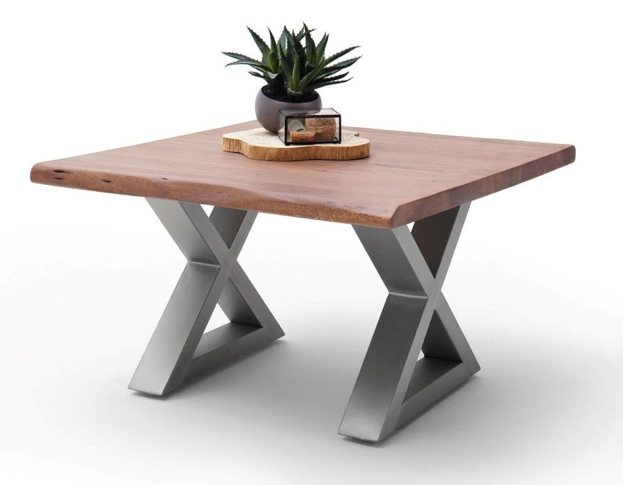 Couchtisch Baumkantentisch Akazie-massiv X-Form quadratisch walnuss lackiert 75 cm