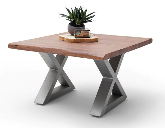 Couchtisch Baumkantentisch Akazie-massiv X-Form quadratisch walnuss lackiert 75 cm