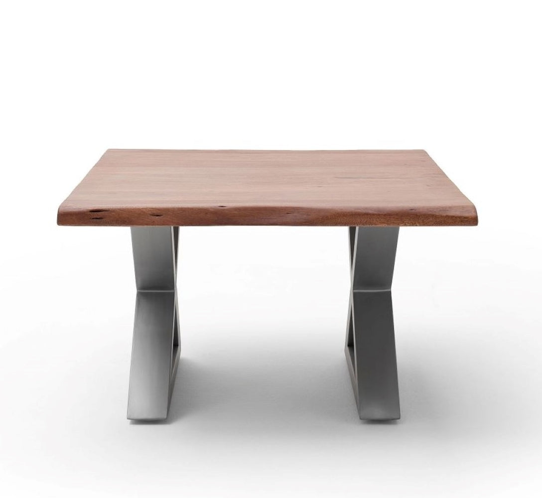 Couchtisch Baumkantentisch Akazie-massiv X-Form quadratisch walnuss lackiert 75 cm
