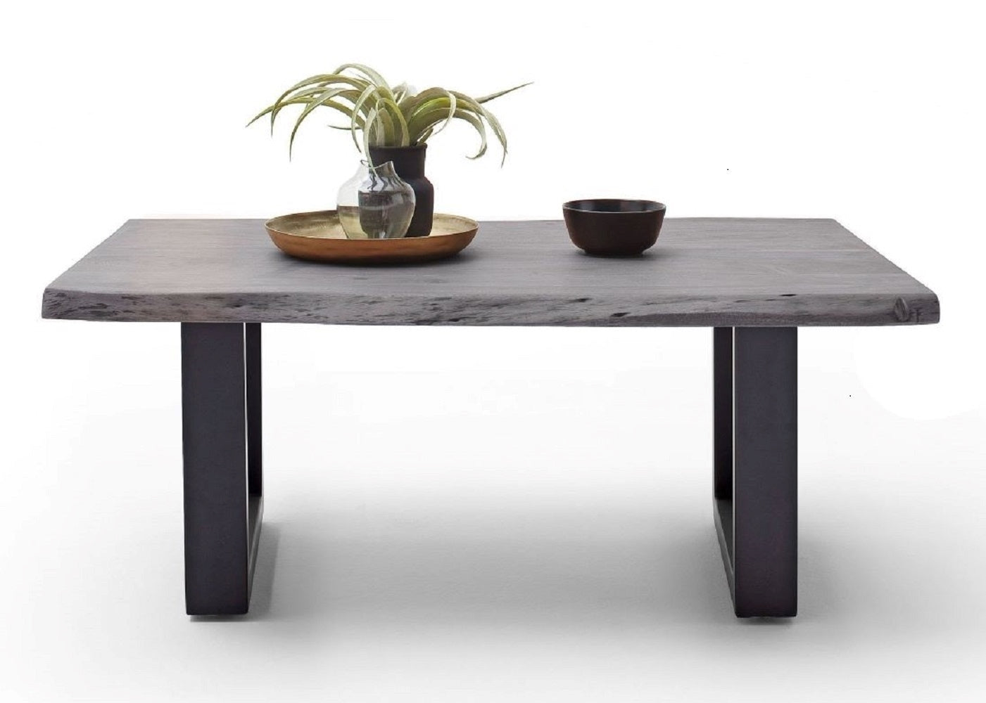Couchtisch Baumkantentisch Akazie-massiv U-Form rechteckig grau lackiert 110 cm