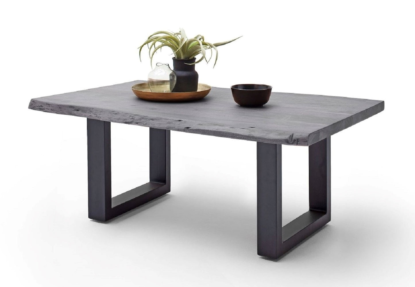 Couchtisch Baumkantentisch Akazie-massiv U-Form rechteckig grau lackiert 110 cm