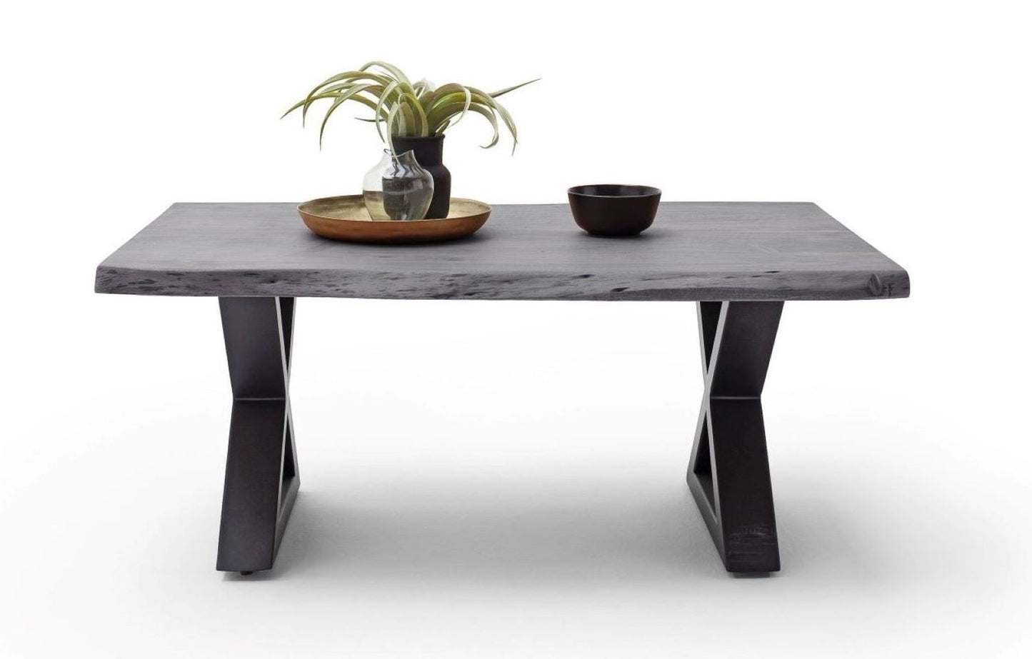 Couchtisch Baumkantentisch Akazie-massiv X-Form rechteckig grau lackiert 110 cm