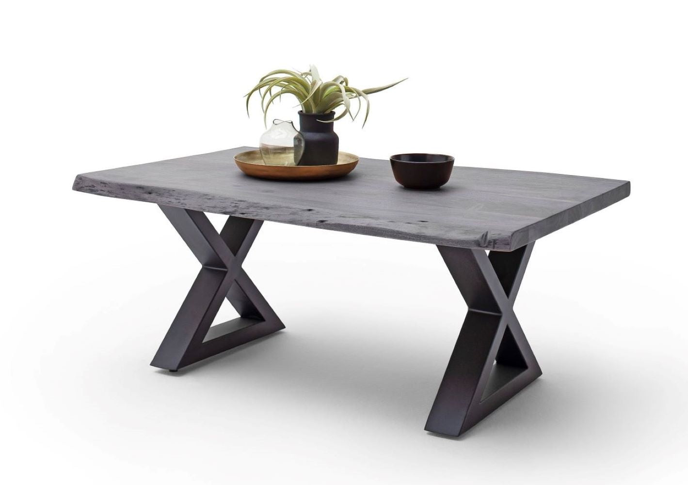 Couchtisch Baumkantentisch Akazie-massiv X-Form rechteckig grau lackiert 110 cm