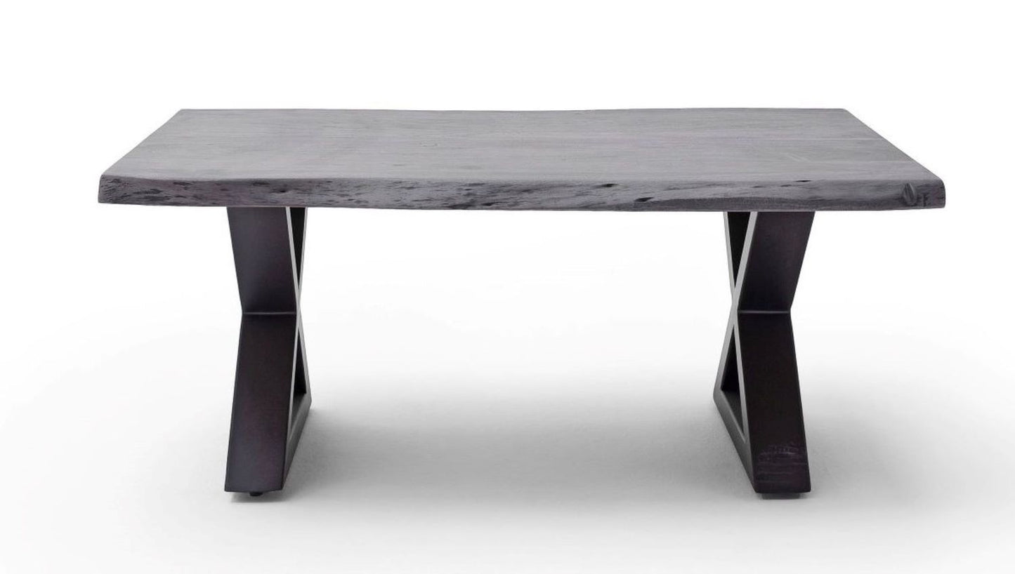 Couchtisch Baumkantentisch Akazie-massiv X-Form rechteckig grau lackiert 110 cm
