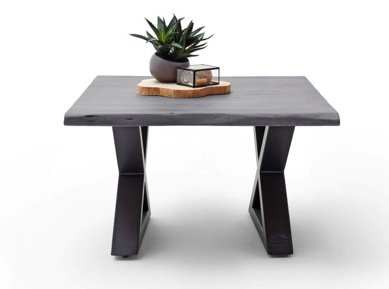 Couchtisch Baumkantentisch Akazie-massiv X-Form quadratisch grau lackiert 75 cm