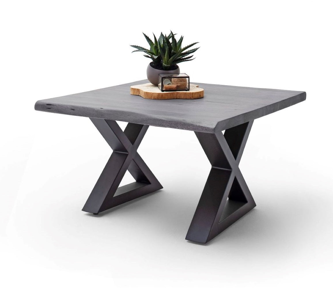 Couchtisch Baumkantentisch Akazie-massiv X-Form quadratisch grau lackiert 75 cm