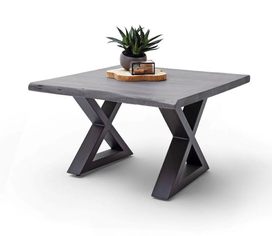 Couchtisch Baumkantentisch Akazie-massiv X-Form quadratisch grau lackiert 75 cm
