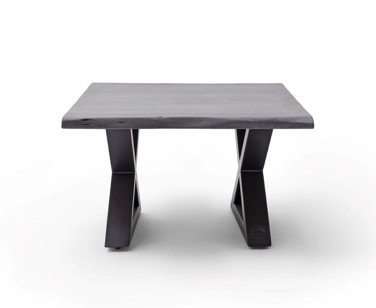 Couchtisch Baumkantentisch Akazie-massiv X-Form quadratisch grau lackiert 75 cm