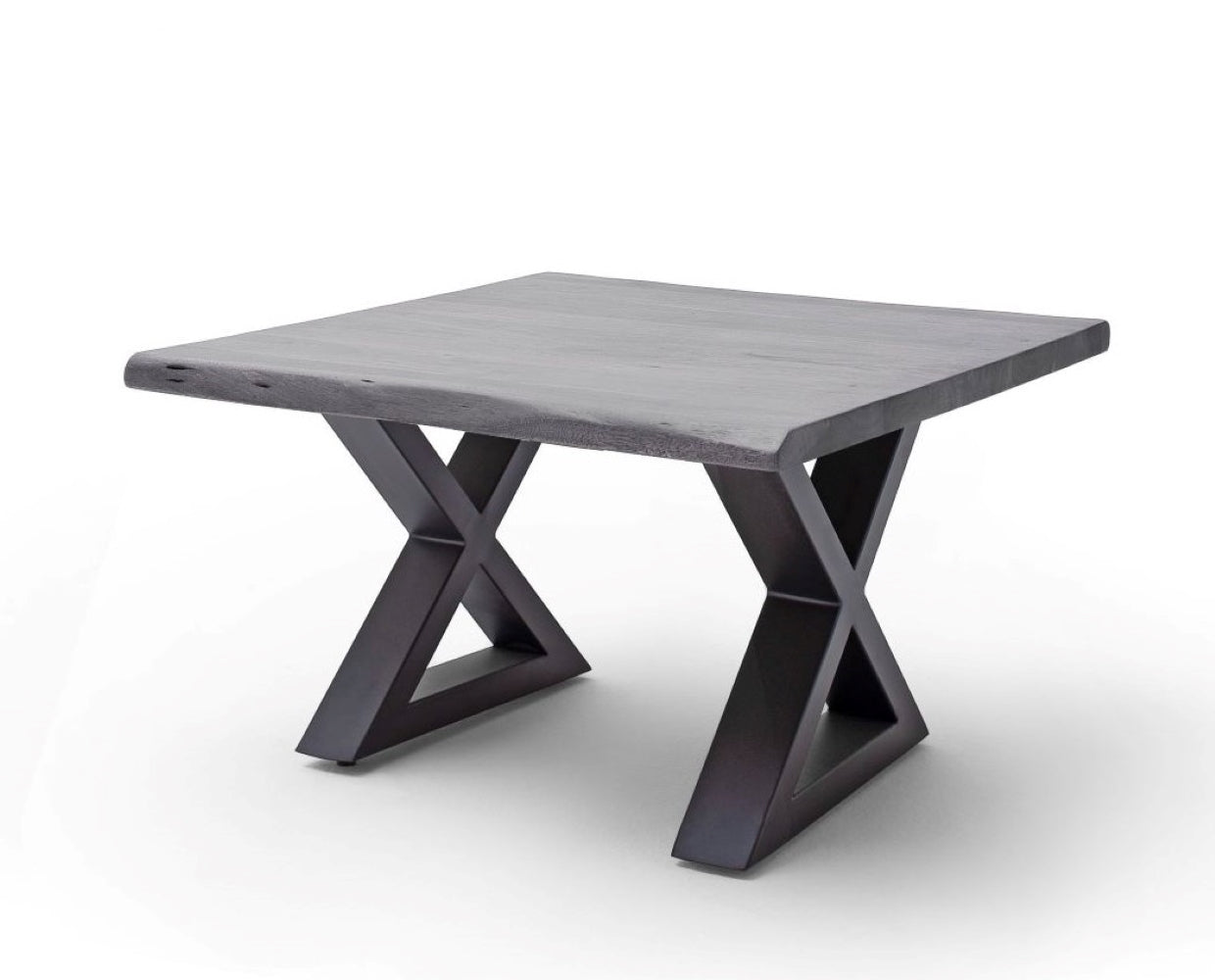 Couchtisch Baumkantentisch Akazie-massiv X-Form quadratisch grau lackiert 75 cm