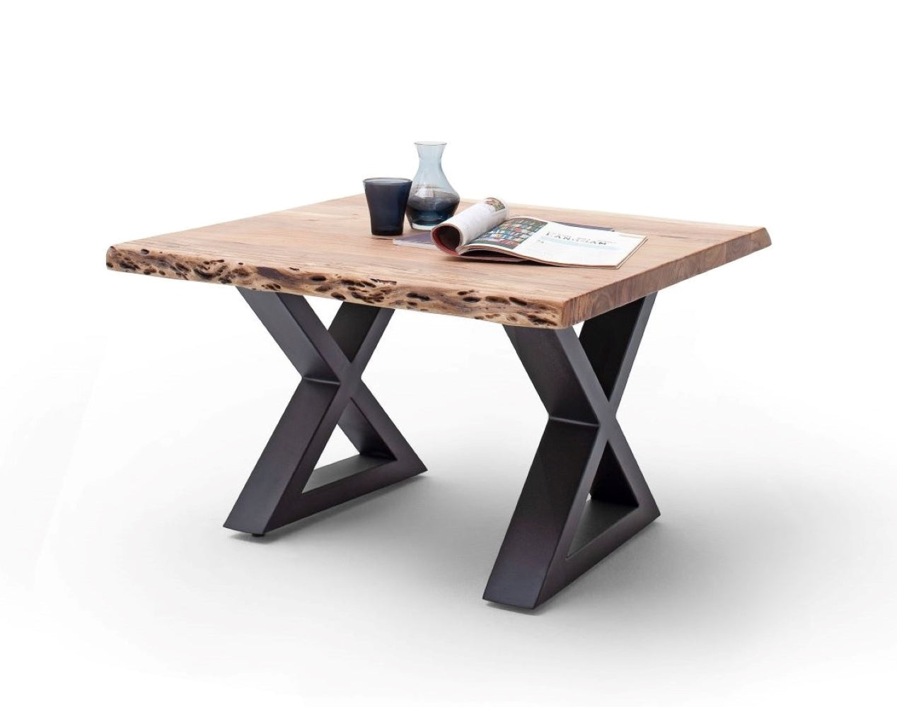 Couchtisch Baumkantentisch Akazie-massiv X-Form quadratisch natur lackiert 75 cm