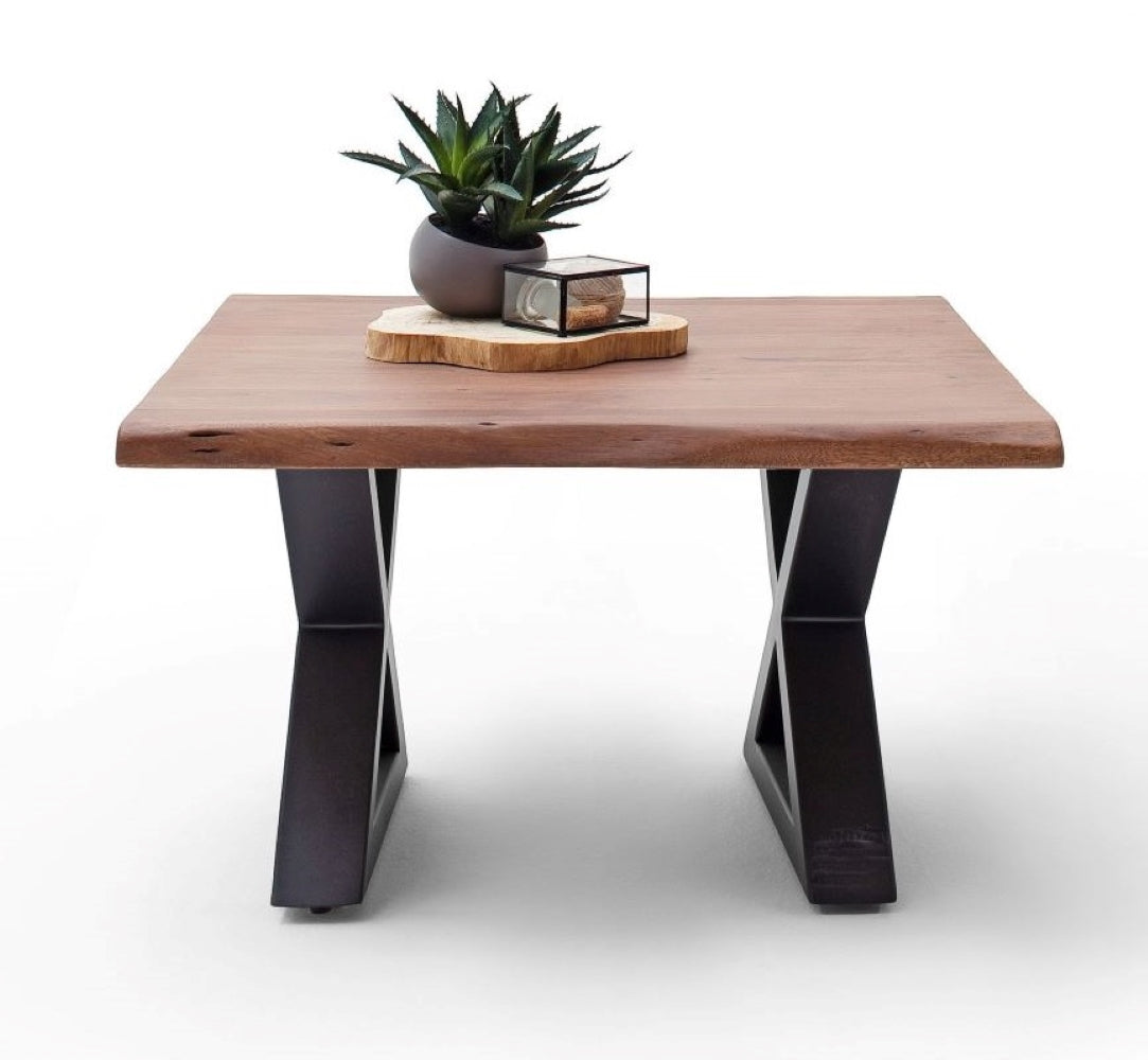 Couchtisch Baumkantentisch Akazie-massiv X-Form quadratisch walnuss lackiert 75