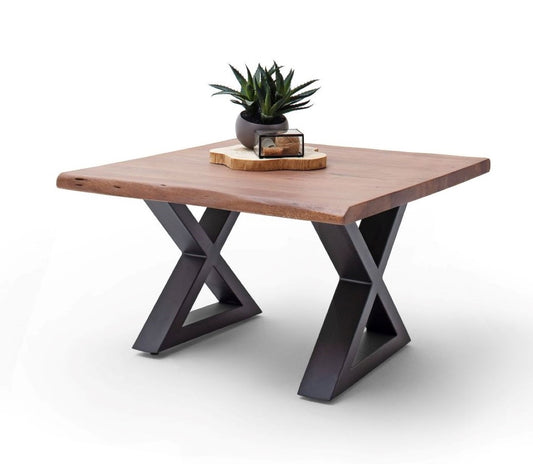 Couchtisch Baumkantentisch Akazie-massiv X-Form quadratisch walnuss lackiert 75
