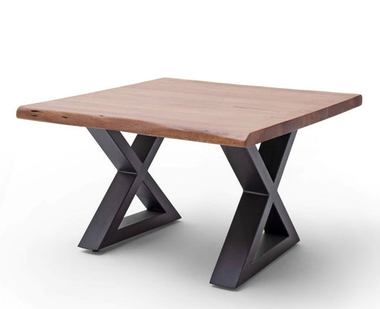 Couchtisch Baumkantentisch Akazie-massiv X-Form quadratisch walnuss lackiert 75