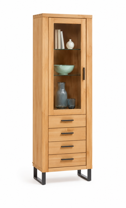 Vitrine TINA – Eiche teilmassiv mit schwarzen Metallkufen
