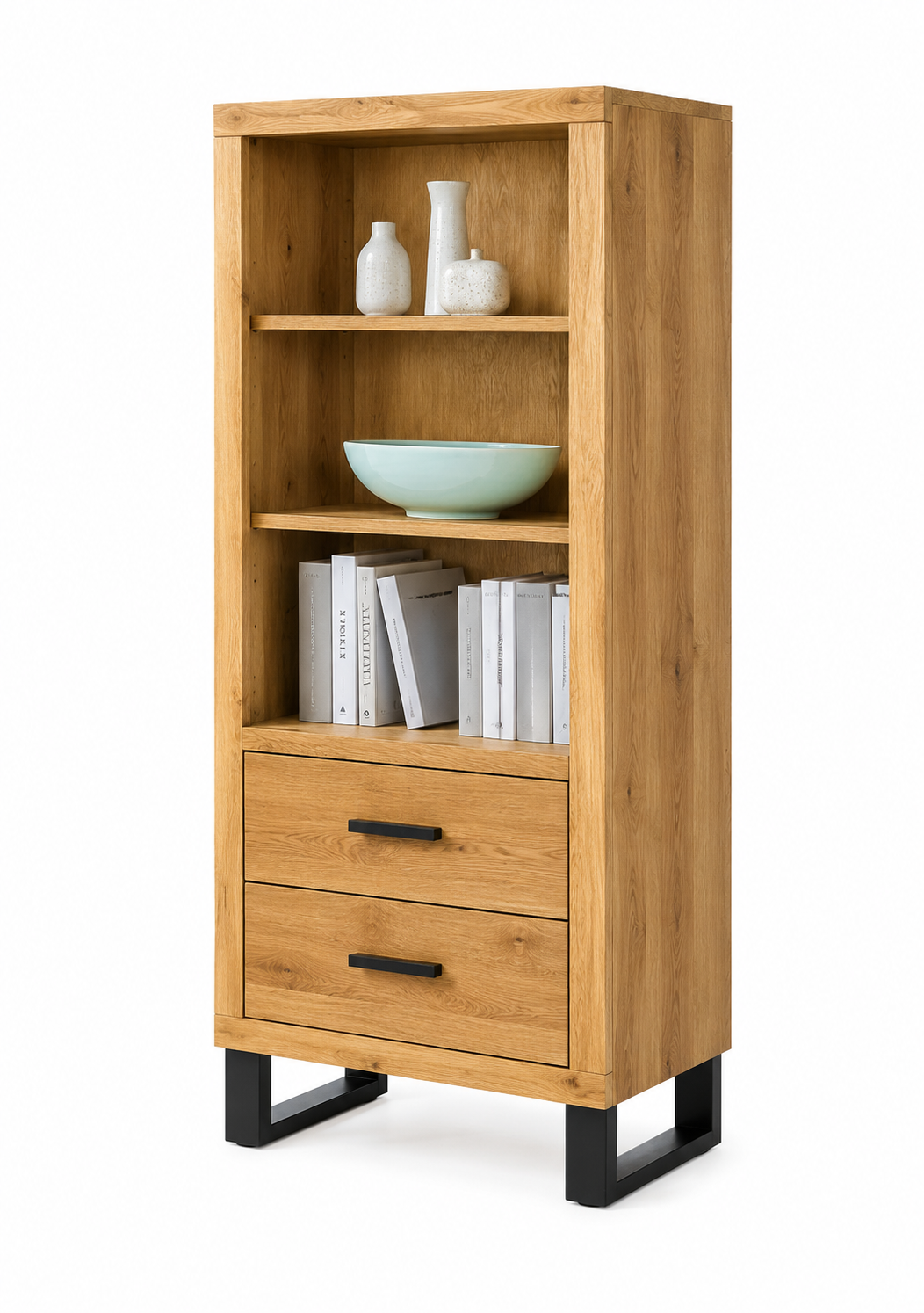 Regal TINA – Eiche teilmassiv mit Schubkästen und schwarzen Metallkufen