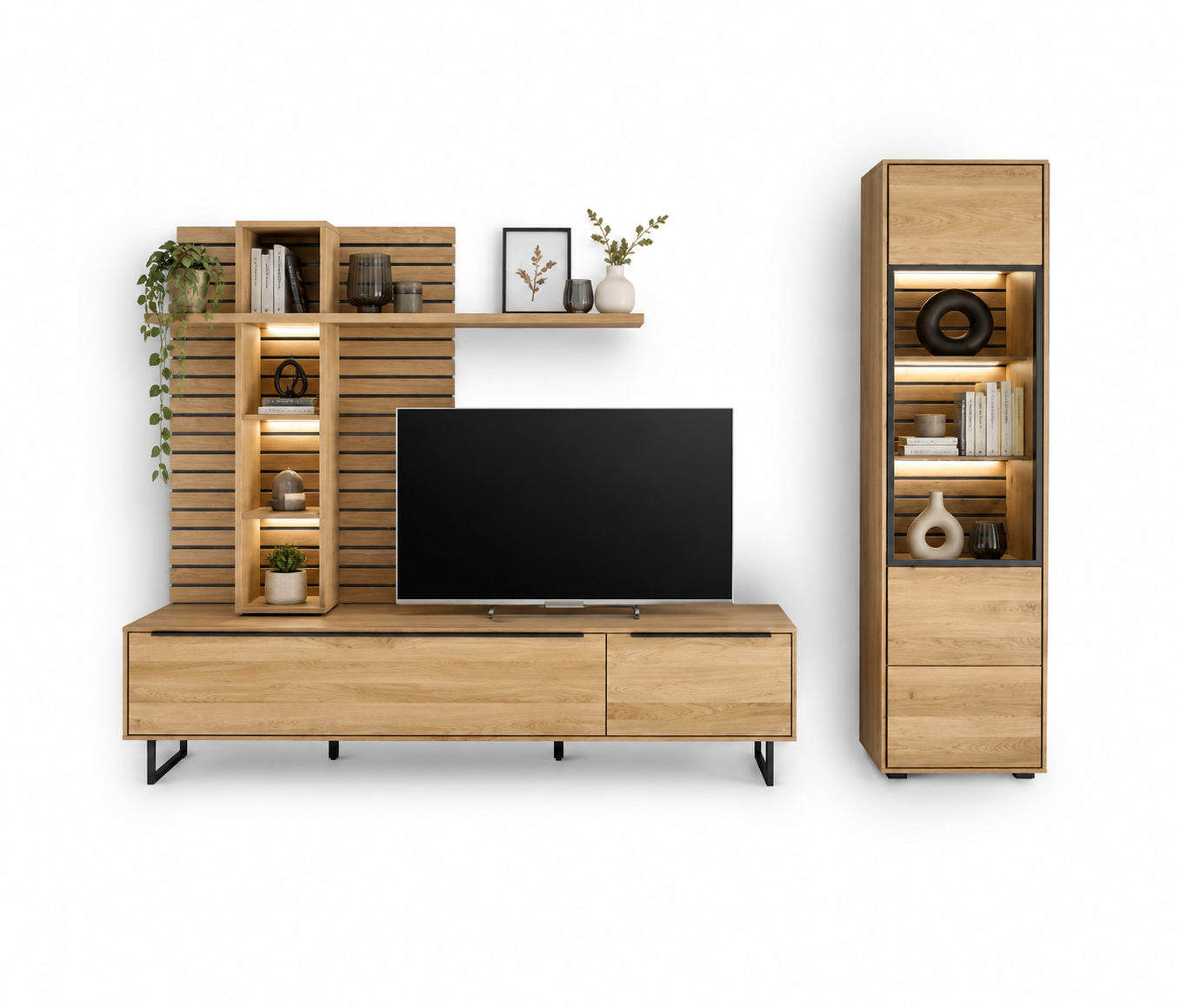 Wohnwand JACKSON – Eiche teilmassiv mit LED-Beleuchtung