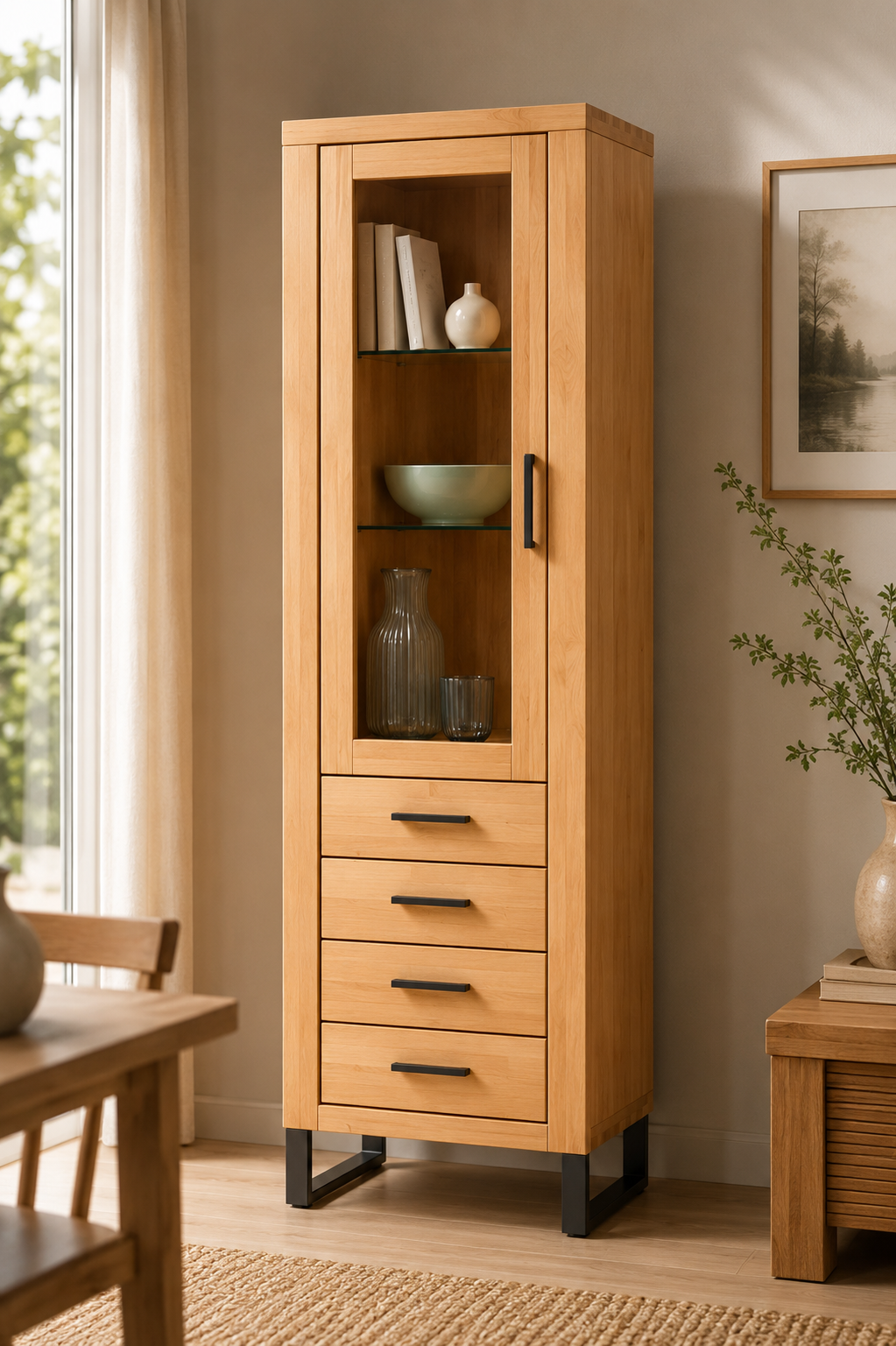 Vitrine TINA – Eiche teilmassiv mit schwarzen Metallkufen