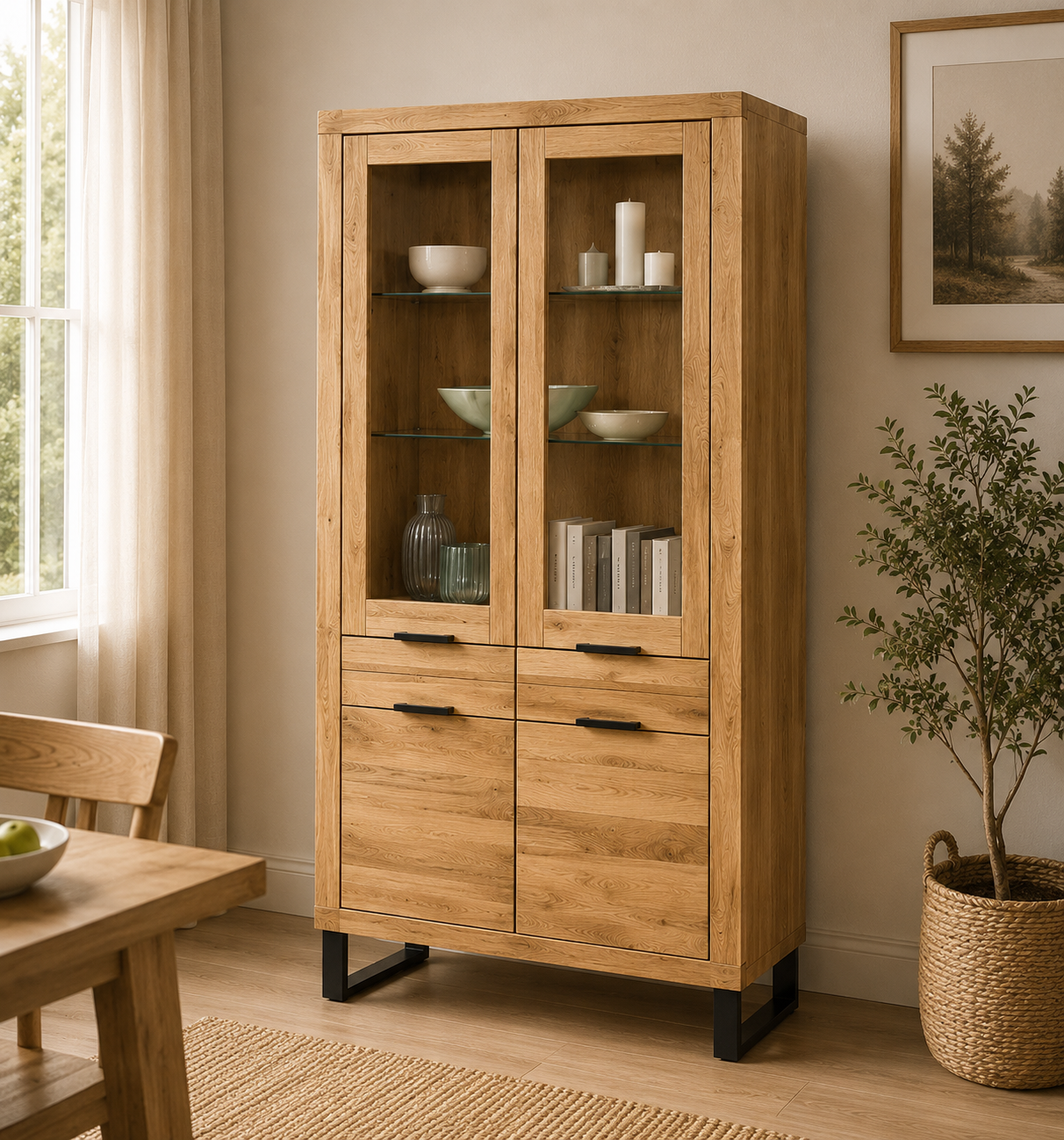 Vitrine TINA – Eiche teilmassiv mit 4 Türen und schwarzen Metallkufen