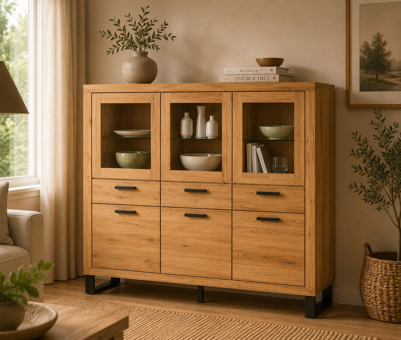 Highboard TINA – Eiche teilmassiv mit Glas- und Holztüren