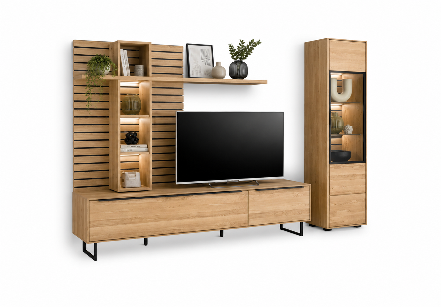 Wohnwand JACKSON – Eiche teilmassiv mit LED-Beleuchtung