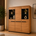 Highboard LOLA – Eiche teilmassiv mit Glastüren und Soft-Close