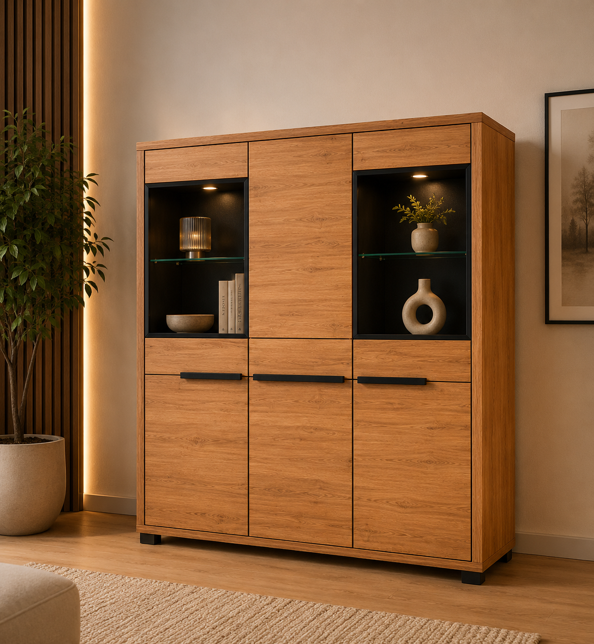 Highboard LOLA – Eiche teilmassiv mit Glastüren und Soft-Close