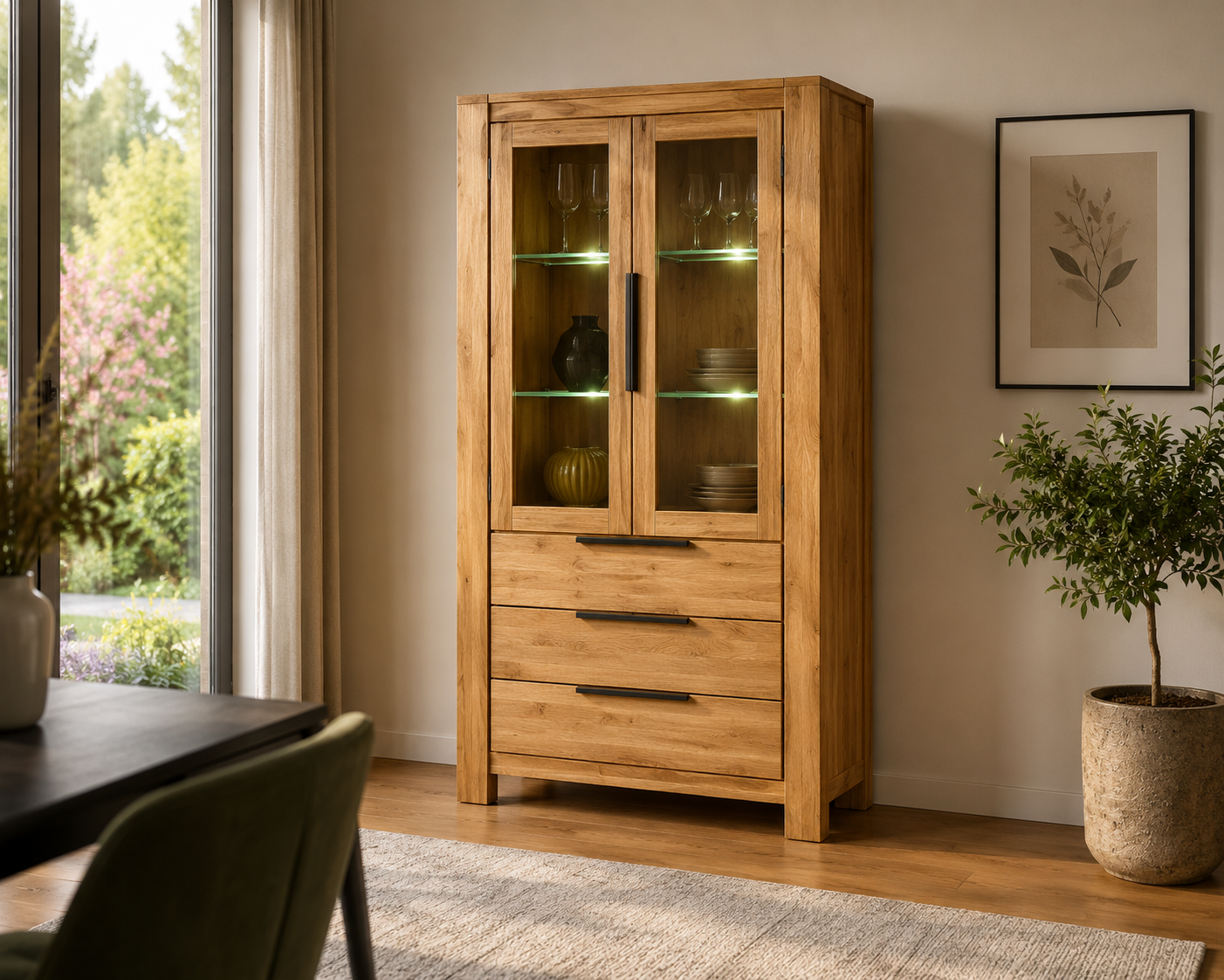 Vitrine SINA – Wildeiche teilmassiv geölt mit 2 Glastüren &amp; 3 Schubkästen