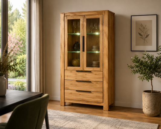 Vitrine SINA – Wildeiche teilmassiv geölt mit 2 Glastüren &amp; 3 Schubkästen