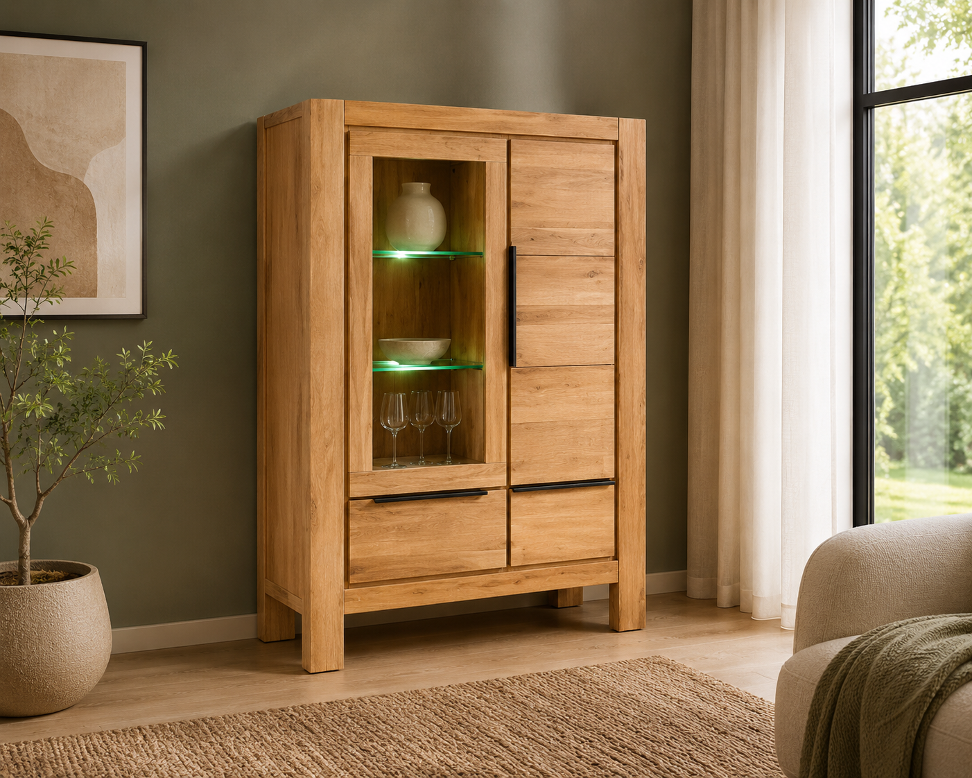 Vitrine SINA Wildeiche teilmassiv geölt – Vitrinenschrank mit 2 Glastüren & 3 Schubkästen