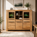 Highboard SINA Wildeiche teilmassiv geölt – Vitrine mit Glastüren & 3 Schubkästen